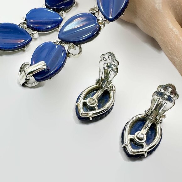 Lisner Parure, Thermoset, Blue, Necklace, Bracelet, Earring, Signed, Set,Silver - Picture 3 of 6